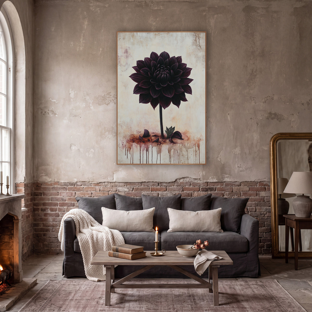 Black Dahlia Moody Botanical wall art in a moody dark academia room – single black dahlia in deep plum on a cracked