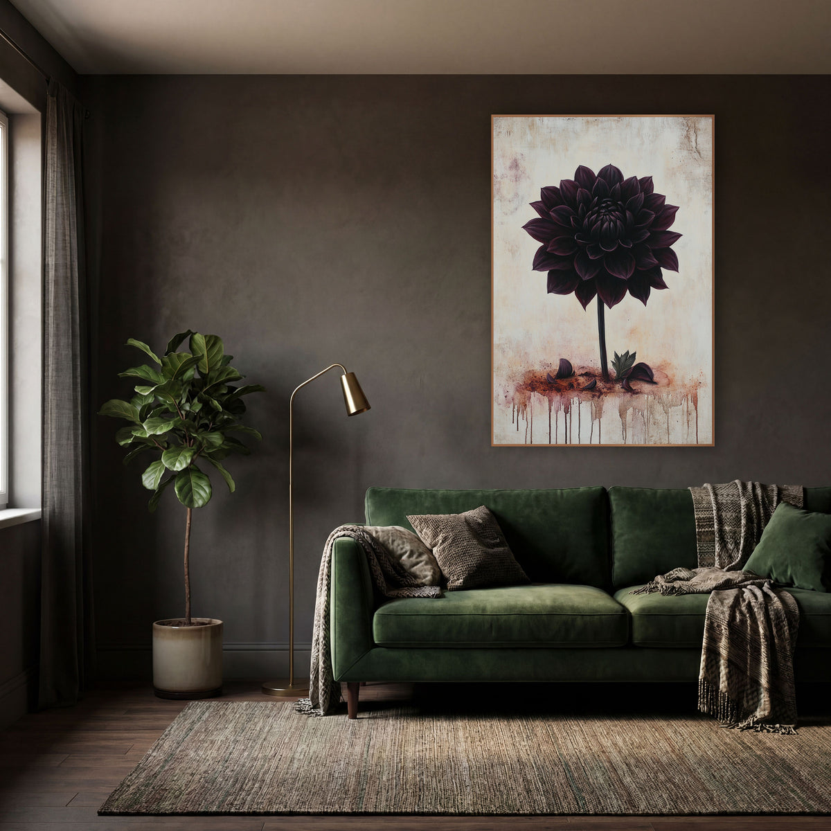 Black Dahlia Moody Botanical wall art in a moody dark academia room – single black dahlia in deep plum on a cracked