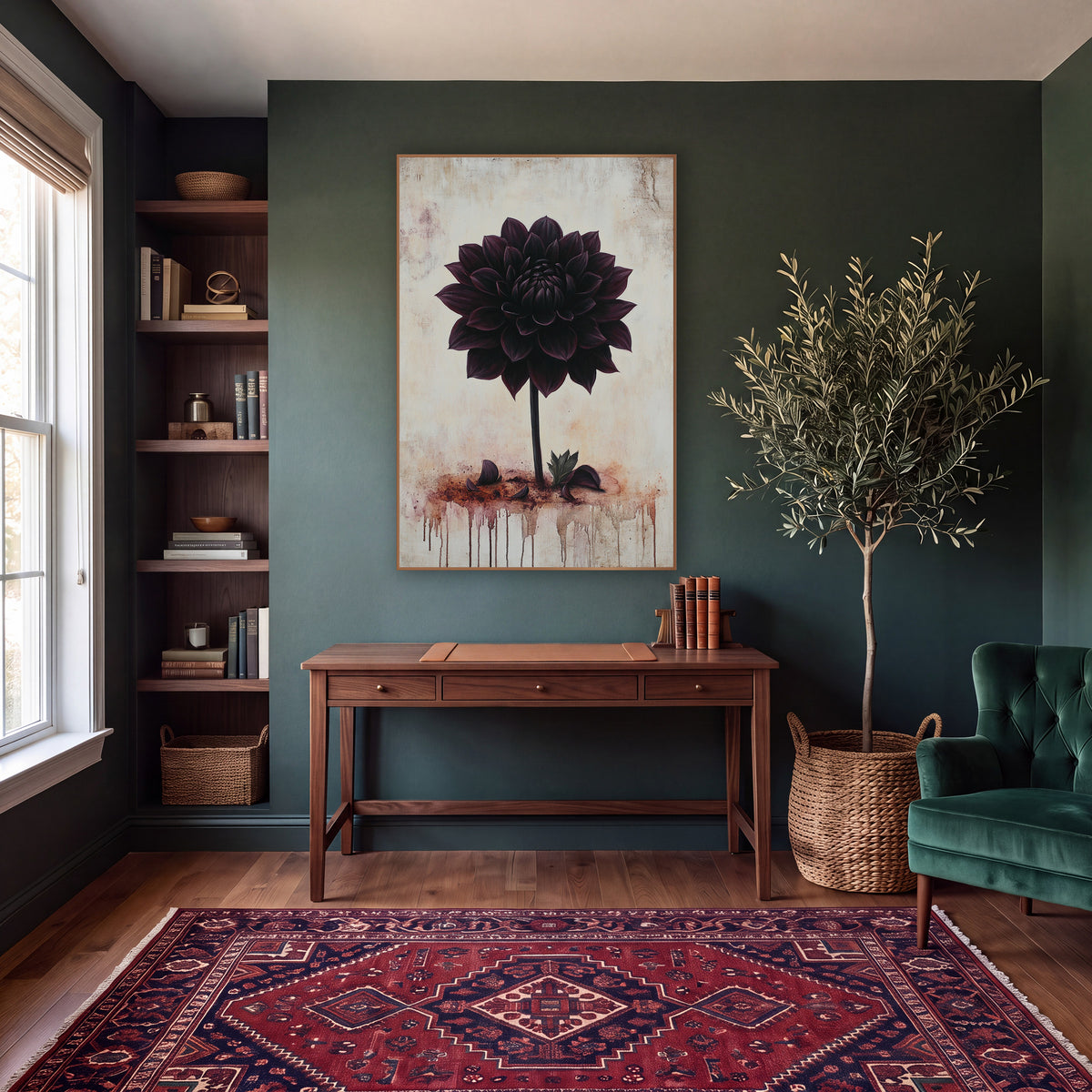 Black Dahlia Moody Botanical wall art in a moody dark academia room – single black dahlia in deep plum on a cracked