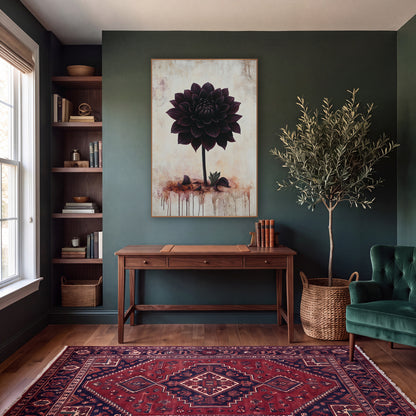 Black Dahlia Moody Botanical wall art in a moody dark academia room – single black dahlia in deep plum on a cracked