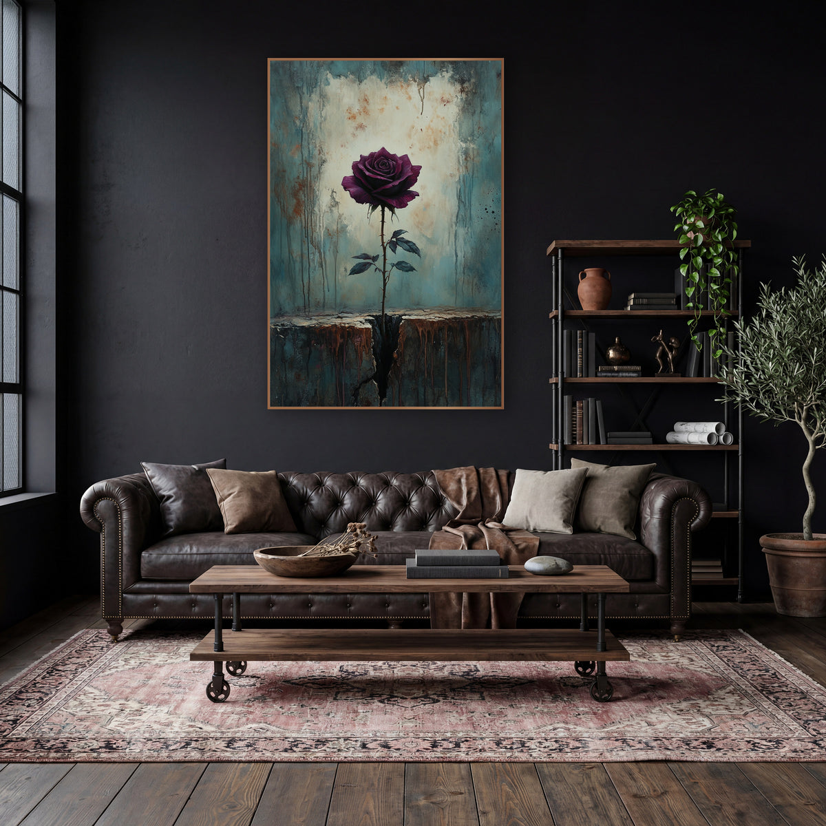 Burgundy Rose Cracked Ledge Moody wall art in a moody dark academia room – dark burgundy rose on a thorny stem growing