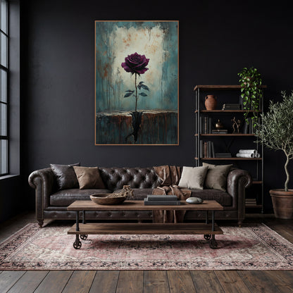 Burgundy Rose Cracked Ledge Moody wall art in a moody dark academia room – dark burgundy rose on a thorny stem growing