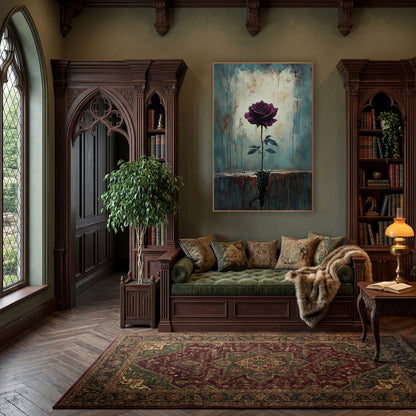 Burgundy Rose Cracked Ledge Moody wall art in a moody dark academia room – dark burgundy rose on a thorny stem growing