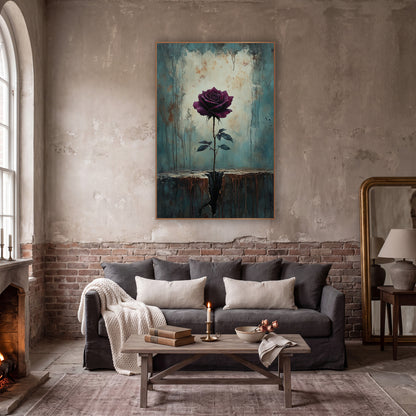 Burgundy Rose Cracked Ledge Moody wall art in a moody dark academia room – dark burgundy rose on a thorny stem growing