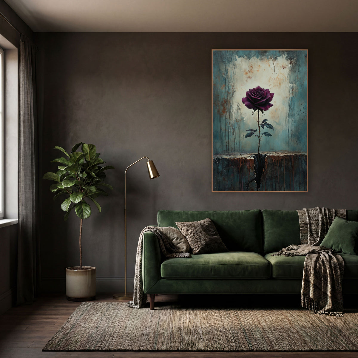 Burgundy Rose Cracked Ledge Moody wall art in a moody dark academia room – dark burgundy rose on a thorny stem growing