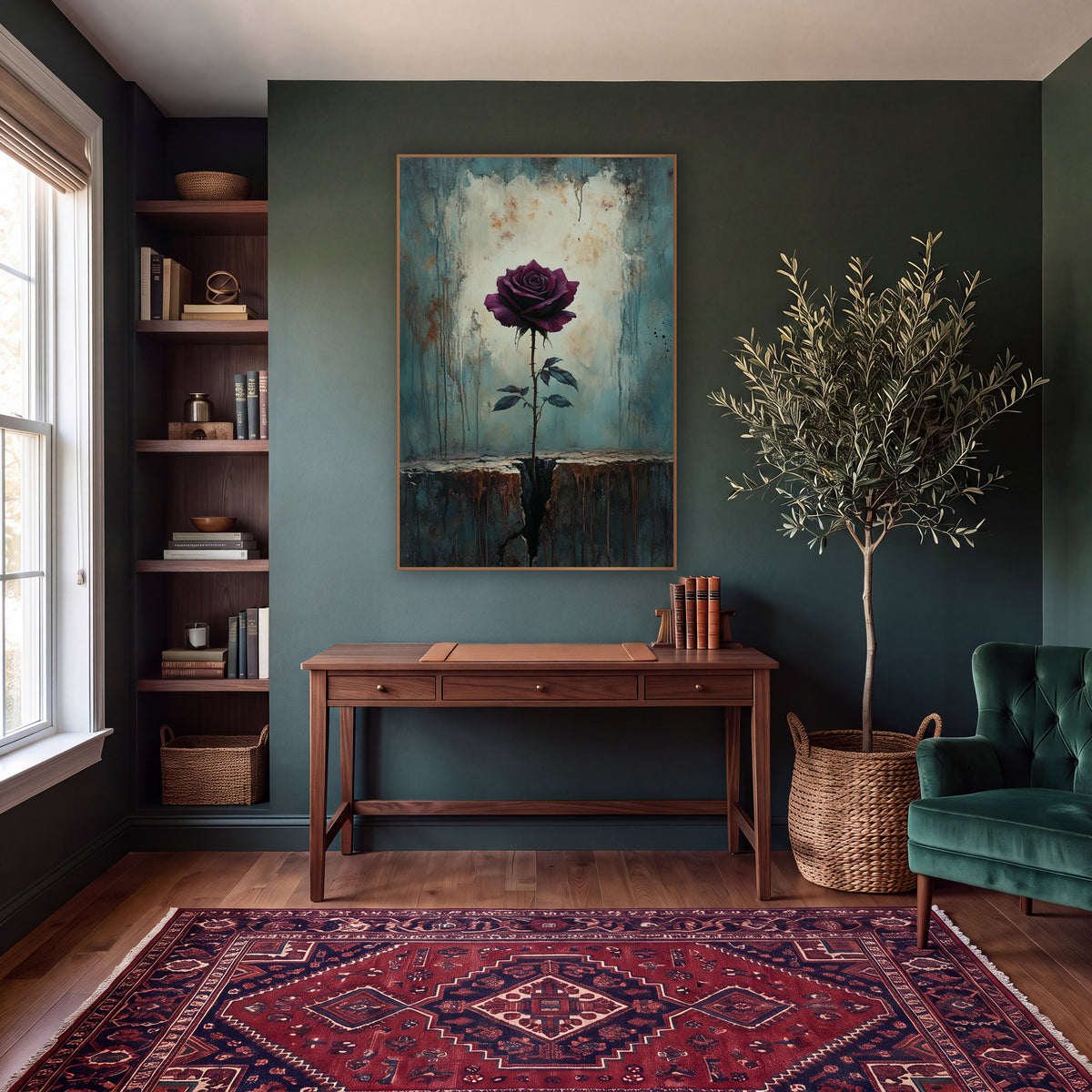 Burgundy Rose Cracked Ledge Moody wall art in a moody dark academia room – dark burgundy rose on a thorny stem growing