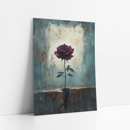 Burgundy Rose Cracked Ledge Moody art print leaning against a white wall – dark burgundy rose on a thorny stem growing