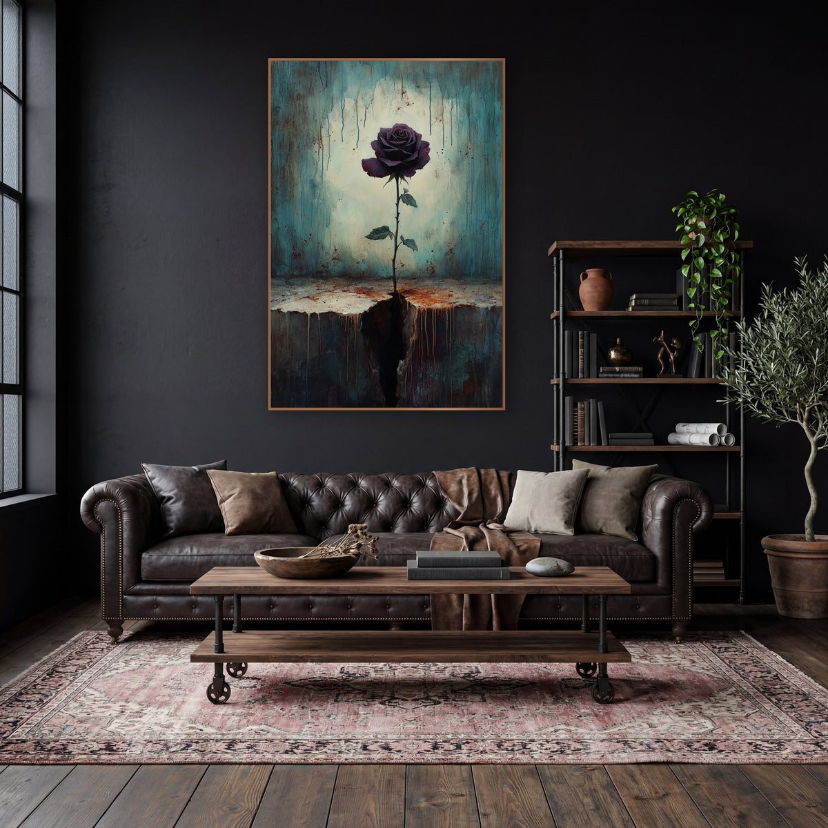 Dark Plum Rose Gothic Still Life wall art in a moody dark academia room – single dark plum rose on a thorny stem