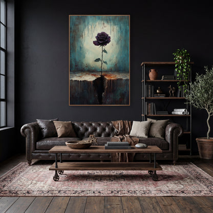 Dark Plum Rose Gothic Still Life wall art in a moody dark academia room – single dark plum rose on a thorny stem