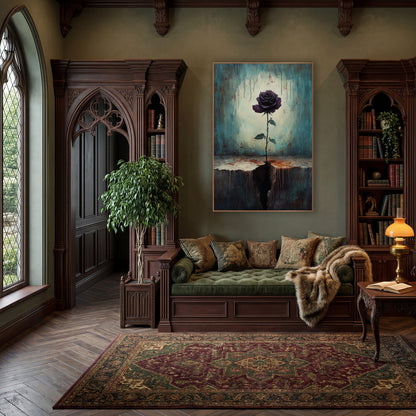 Dark Plum Rose Gothic Still Life wall art in a moody dark academia room – single dark plum rose on a thorny stem