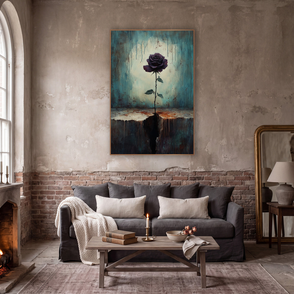 Dark Plum Rose Gothic Still Life wall art in a moody dark academia room – single dark plum rose on a thorny stem