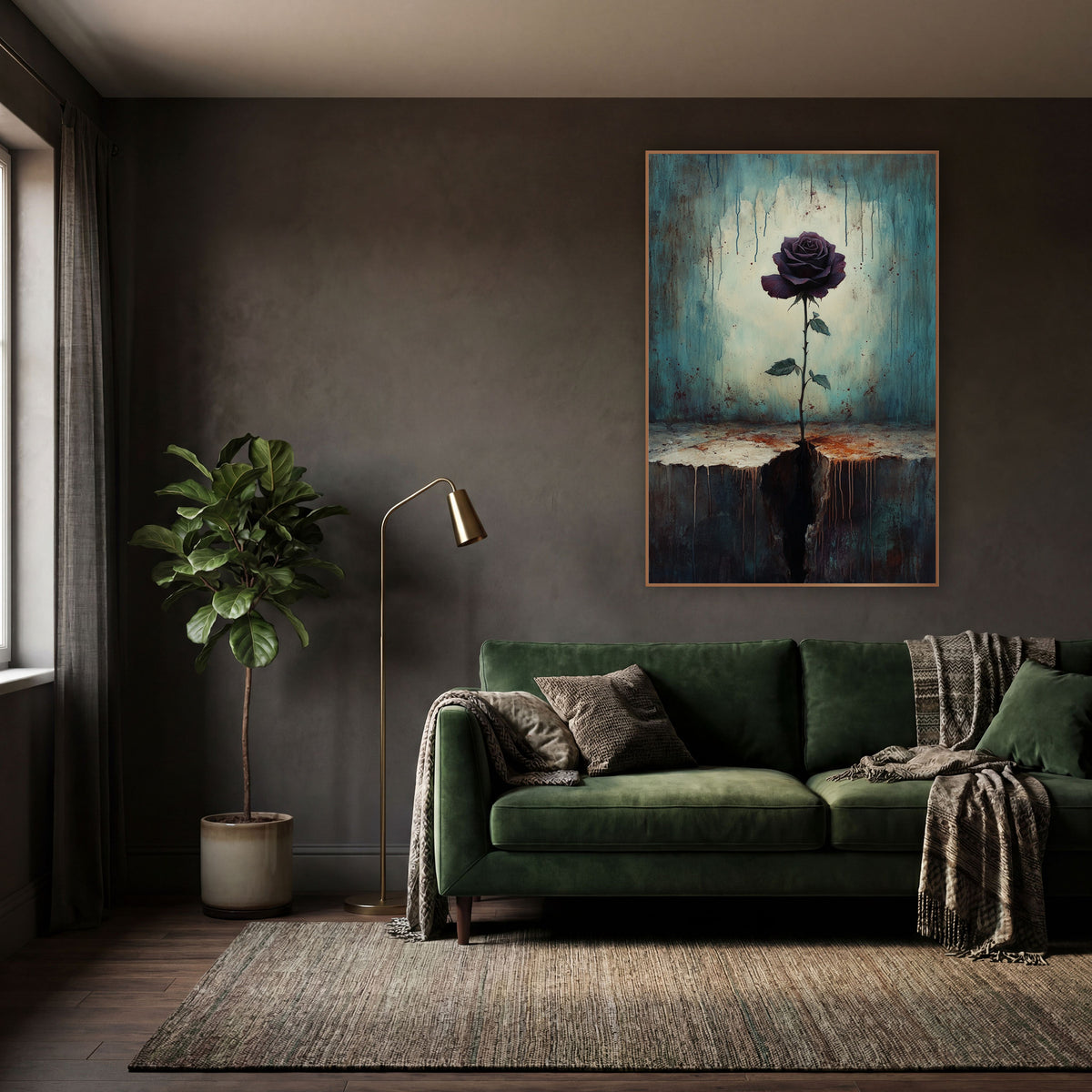 Dark Plum Rose Gothic Still Life wall art in a moody dark academia room – single dark plum rose on a thorny stem