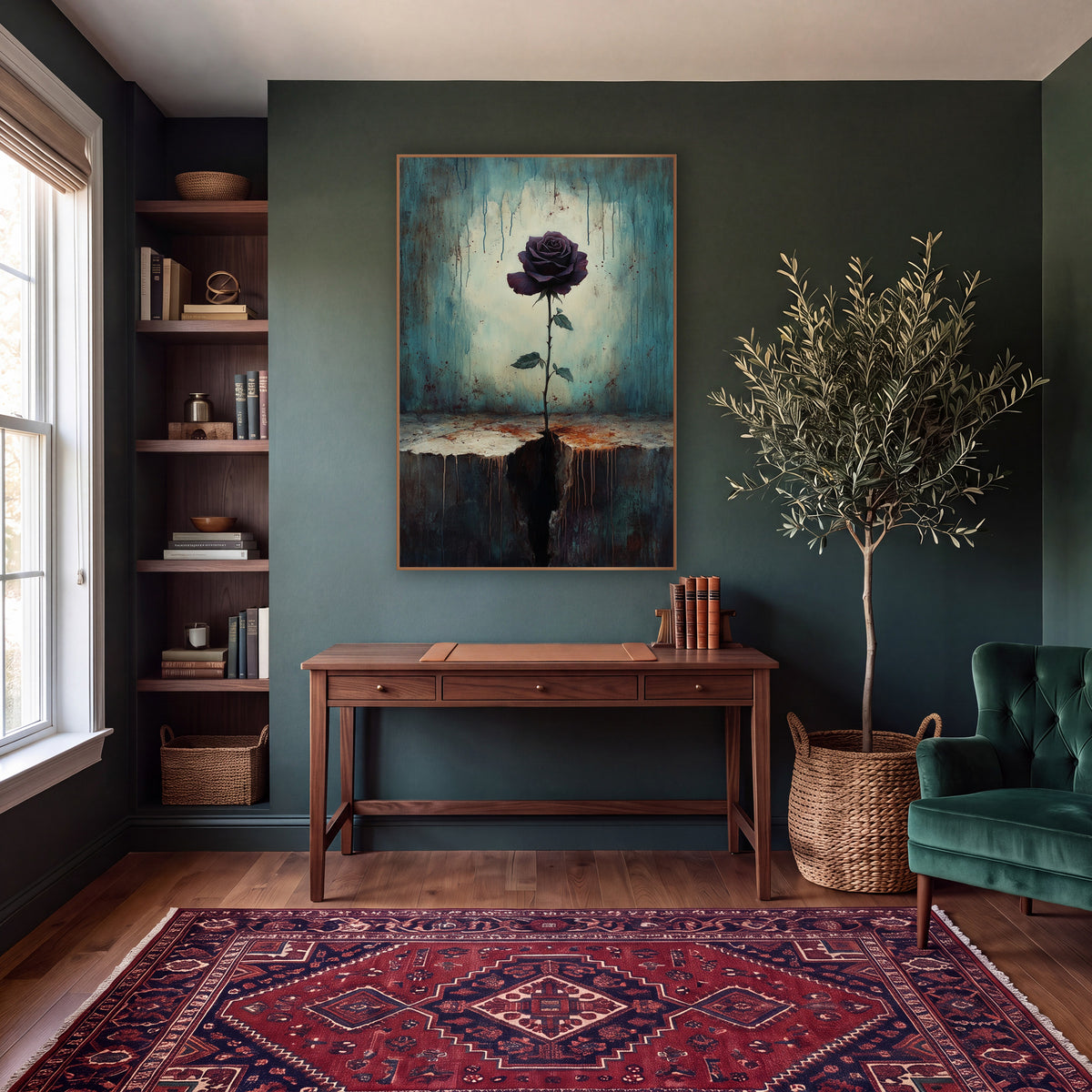 Dark Plum Rose Gothic Still Life wall art in a moody dark academia room – single dark plum rose on a thorny stem
