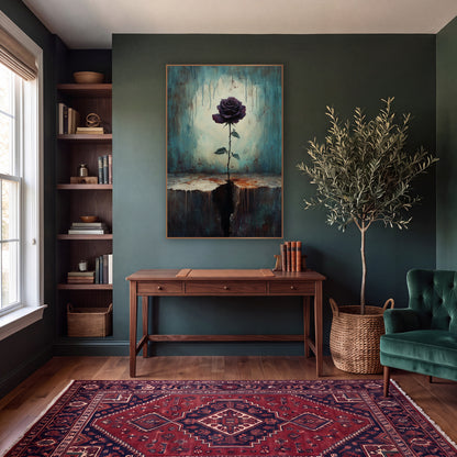 Dark Plum Rose Gothic Still Life wall art in a moody dark academia room – single dark plum rose on a thorny stem