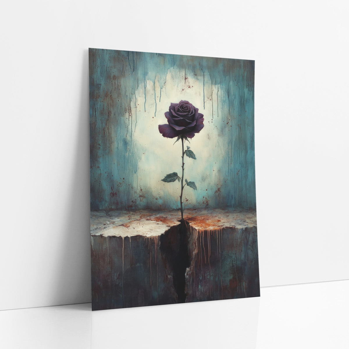 Dark Plum Rose Gothic Still Life art print leaning against a white wall – single dark plum rose on a thorny stem growing