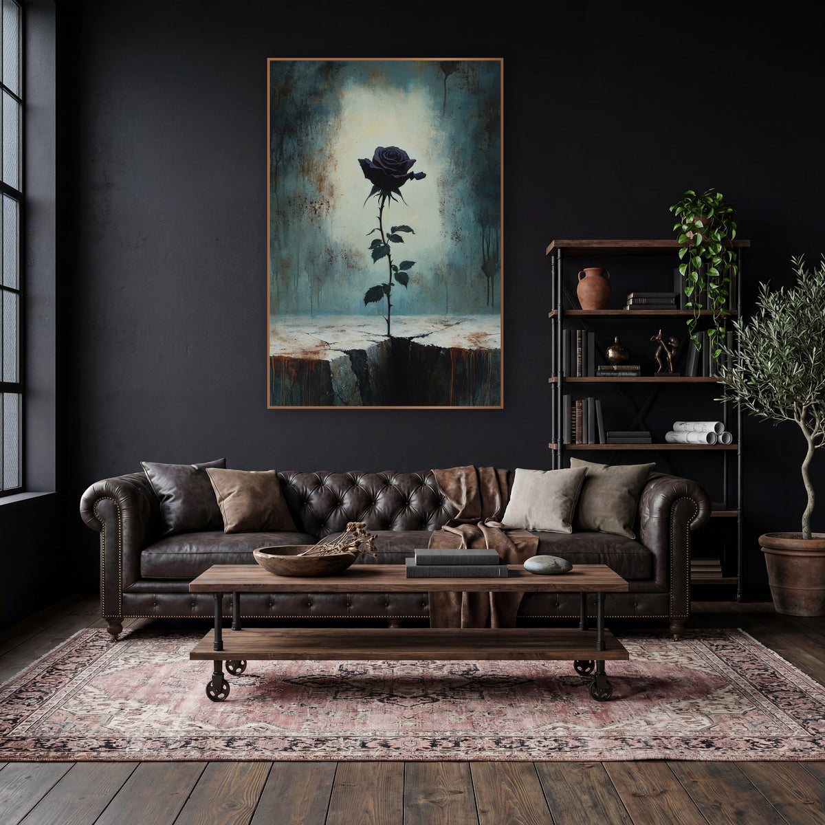 Dark Plum Rose Gothic Moody wall art in a moody dark academia room – dark plum rose on a thorny stem rising