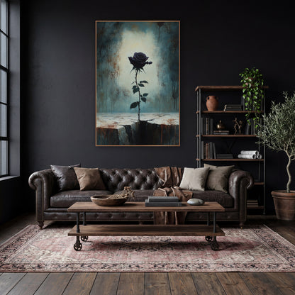 Dark Plum Rose Gothic Moody wall art in a moody dark academia room – dark plum rose on a thorny stem rising