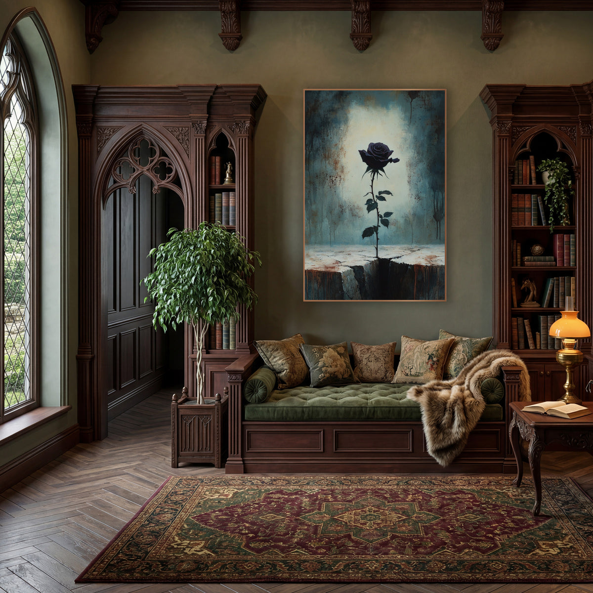 Dark Plum Rose Gothic Moody wall art in a moody dark academia room – dark plum rose on a thorny stem rising