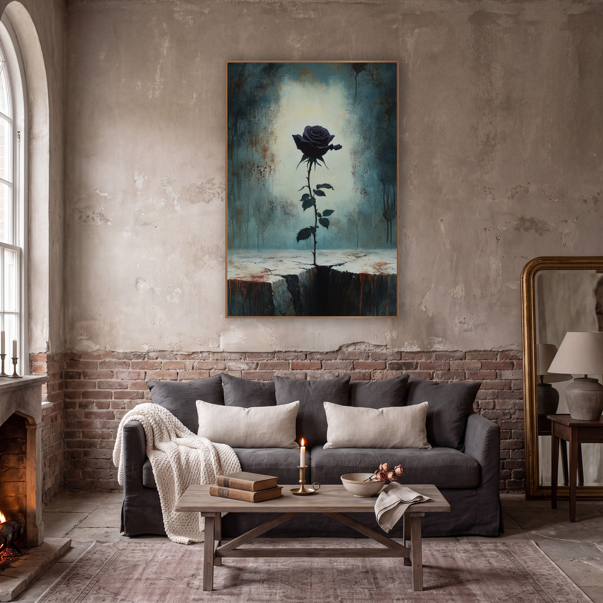 Dark Plum Rose Gothic Moody wall art in a moody dark academia room – dark plum rose on a thorny stem rising