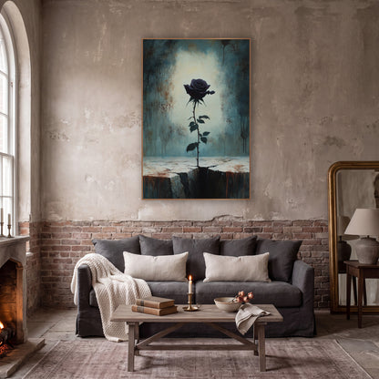 Dark Plum Rose Gothic Moody wall art in a moody dark academia room – dark plum rose on a thorny stem rising