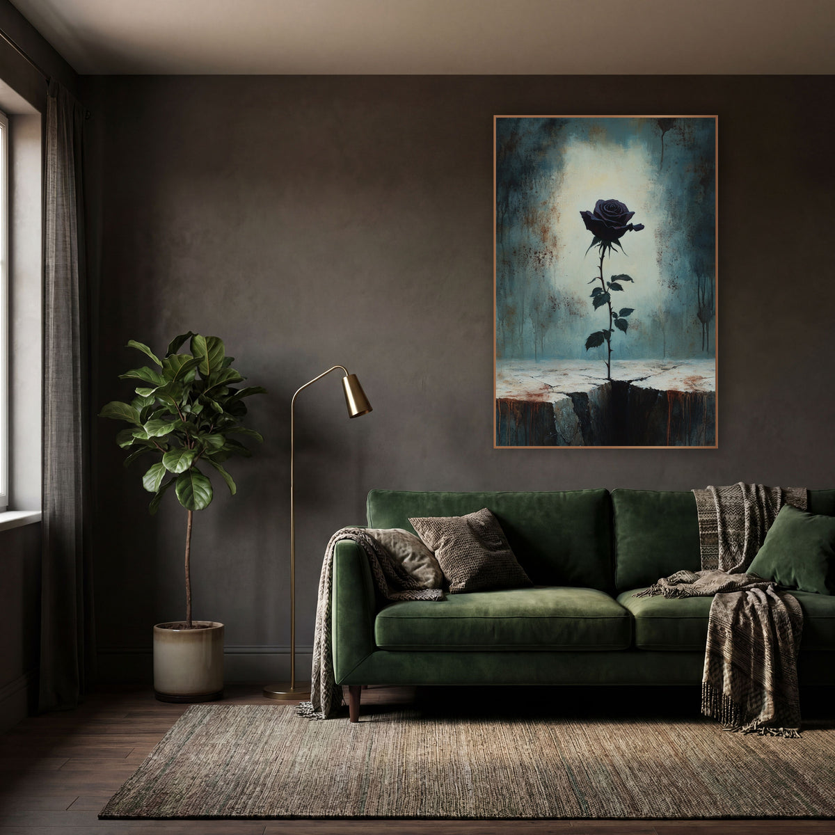 Dark Plum Rose Gothic Moody wall art in a moody dark academia room – dark plum rose on a thorny stem rising