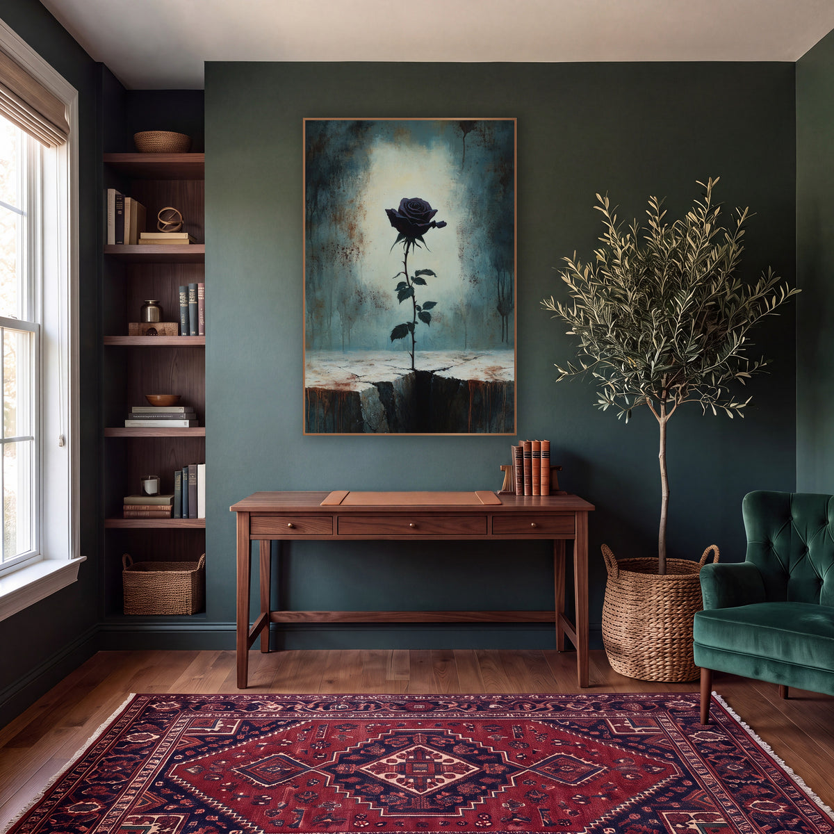 Dark Plum Rose Gothic Moody wall art in a moody dark academia room – dark plum rose on a thorny stem rising