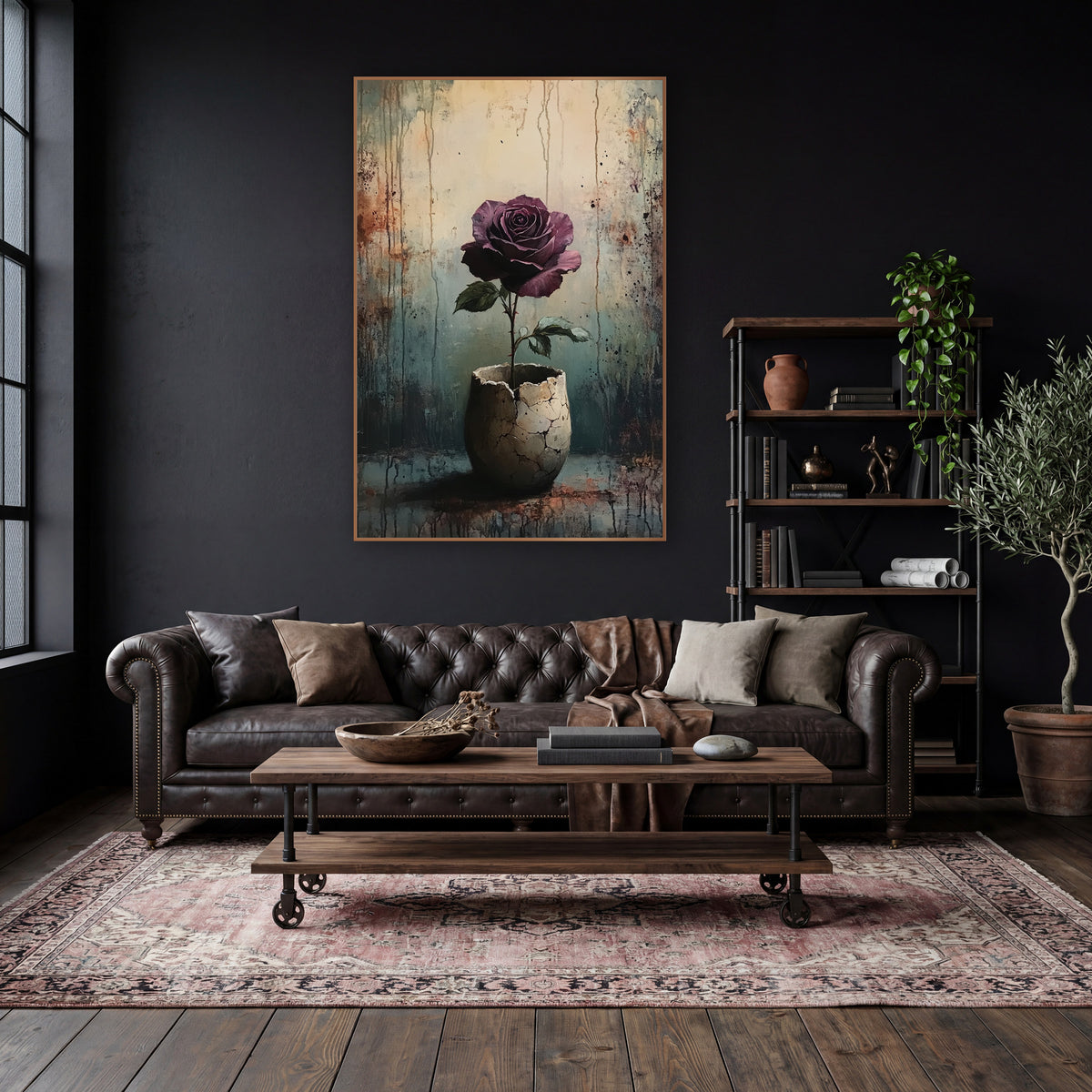 Plum Rose Eggshell Pot Gothic wall art in a moody dark academia room – plum rose with green leaves in a cracked pale