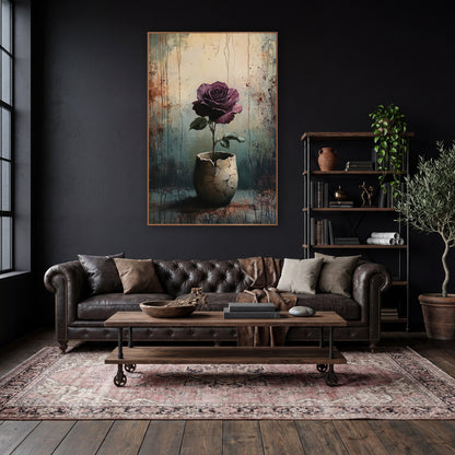 Plum Rose Eggshell Pot Gothic wall art in a moody dark academia room – plum rose with green leaves in a cracked pale