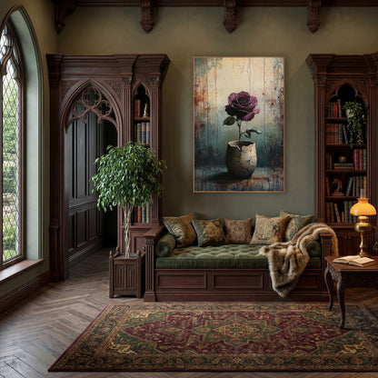 Plum Rose Eggshell Pot Gothic wall art in a moody dark academia room – plum rose with green leaves in a cracked pale