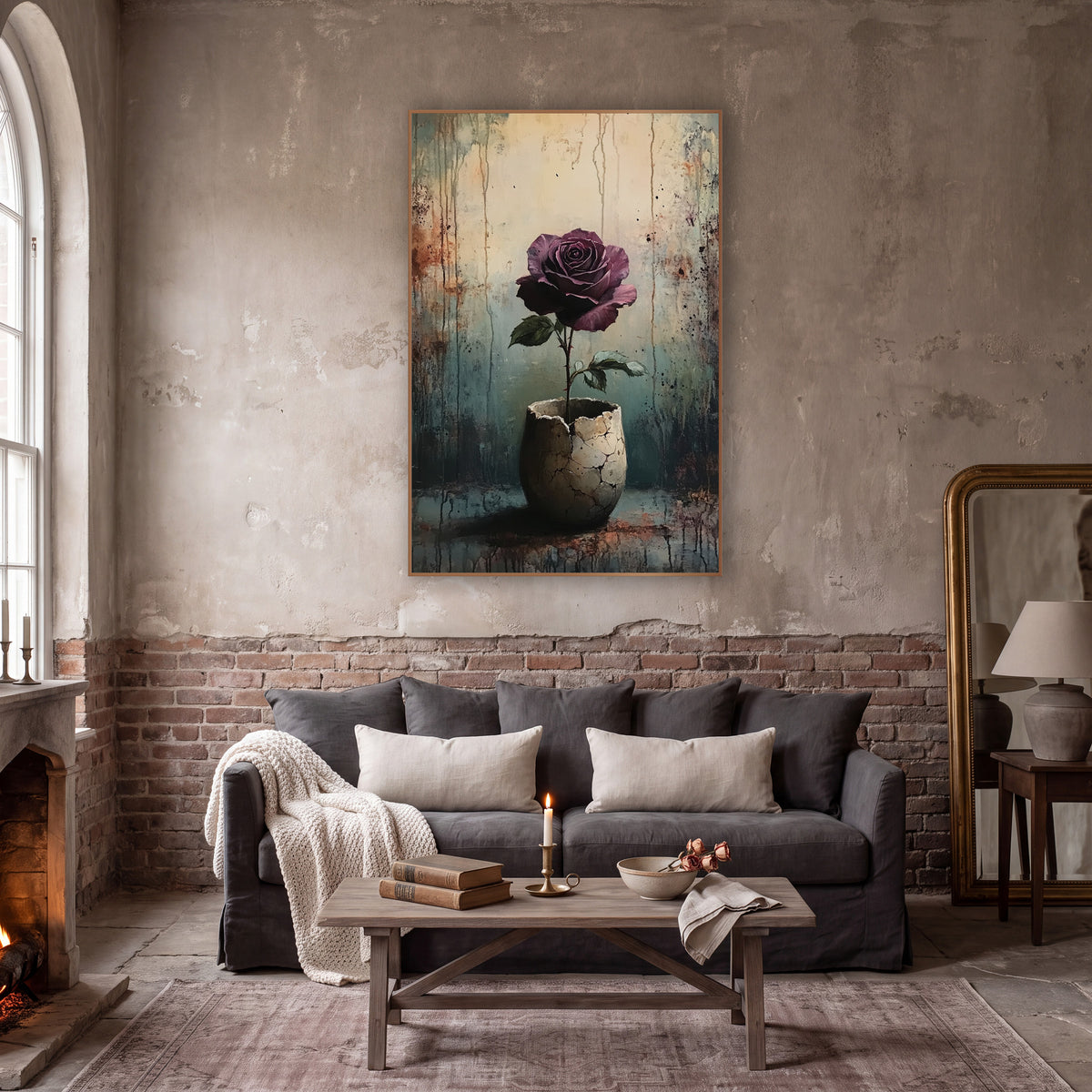 Plum Rose Eggshell Pot Gothic wall art in a moody dark academia room – plum rose with green leaves in a cracked pale