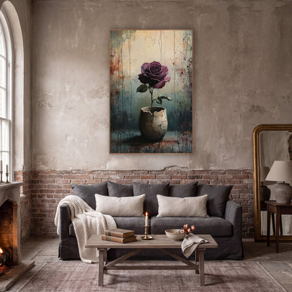 Plum Rose Eggshell Pot Gothic wall art in a moody dark academia room – plum rose with green leaves in a cracked pale