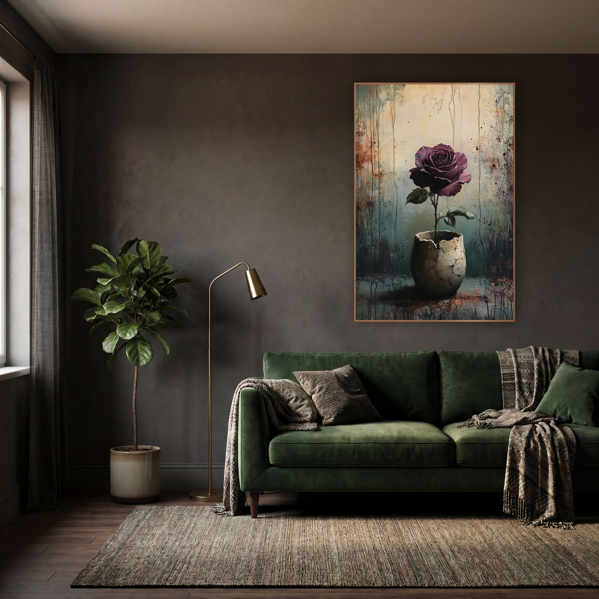 Plum Rose Eggshell Pot Gothic wall art in a moody dark academia room – plum rose with green leaves in a cracked pale