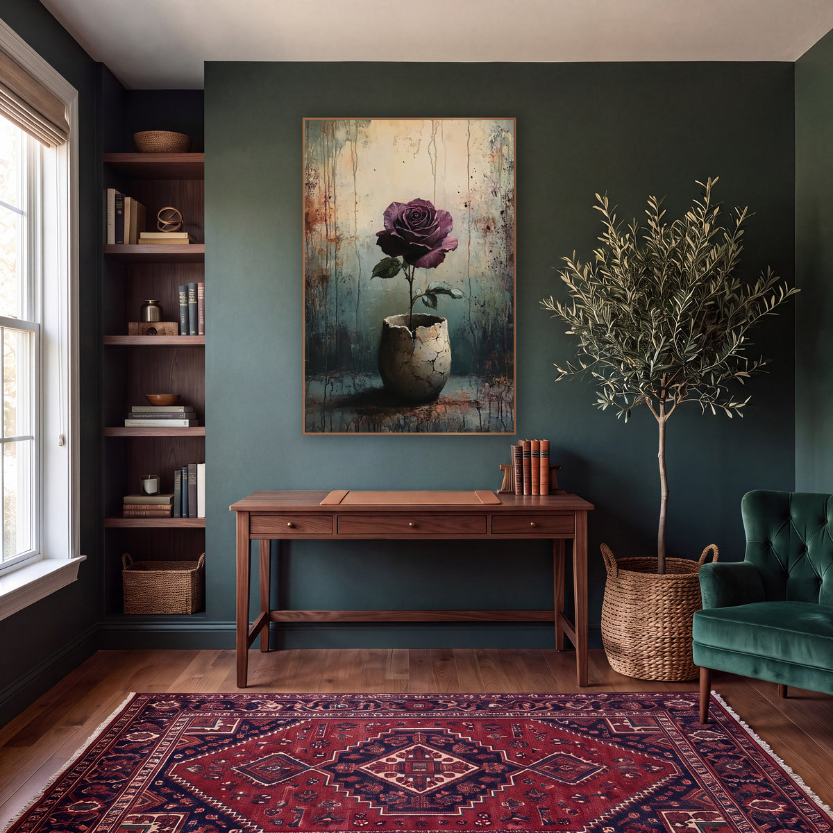 Plum Rose Eggshell Pot Gothic wall art in a moody dark academia room – plum rose with green leaves in a cracked pale