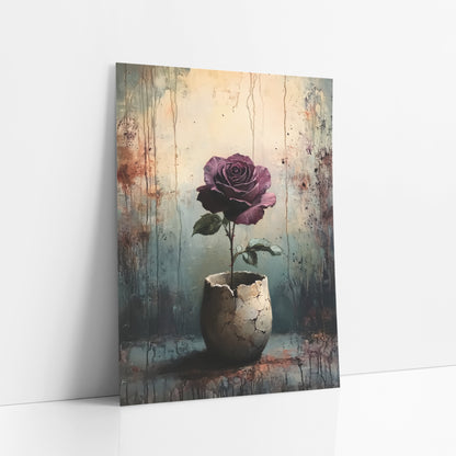 Plum Rose Eggshell Pot Gothic art print leaning against a white wall – plum rose with green leaves in a cracked pale vessel