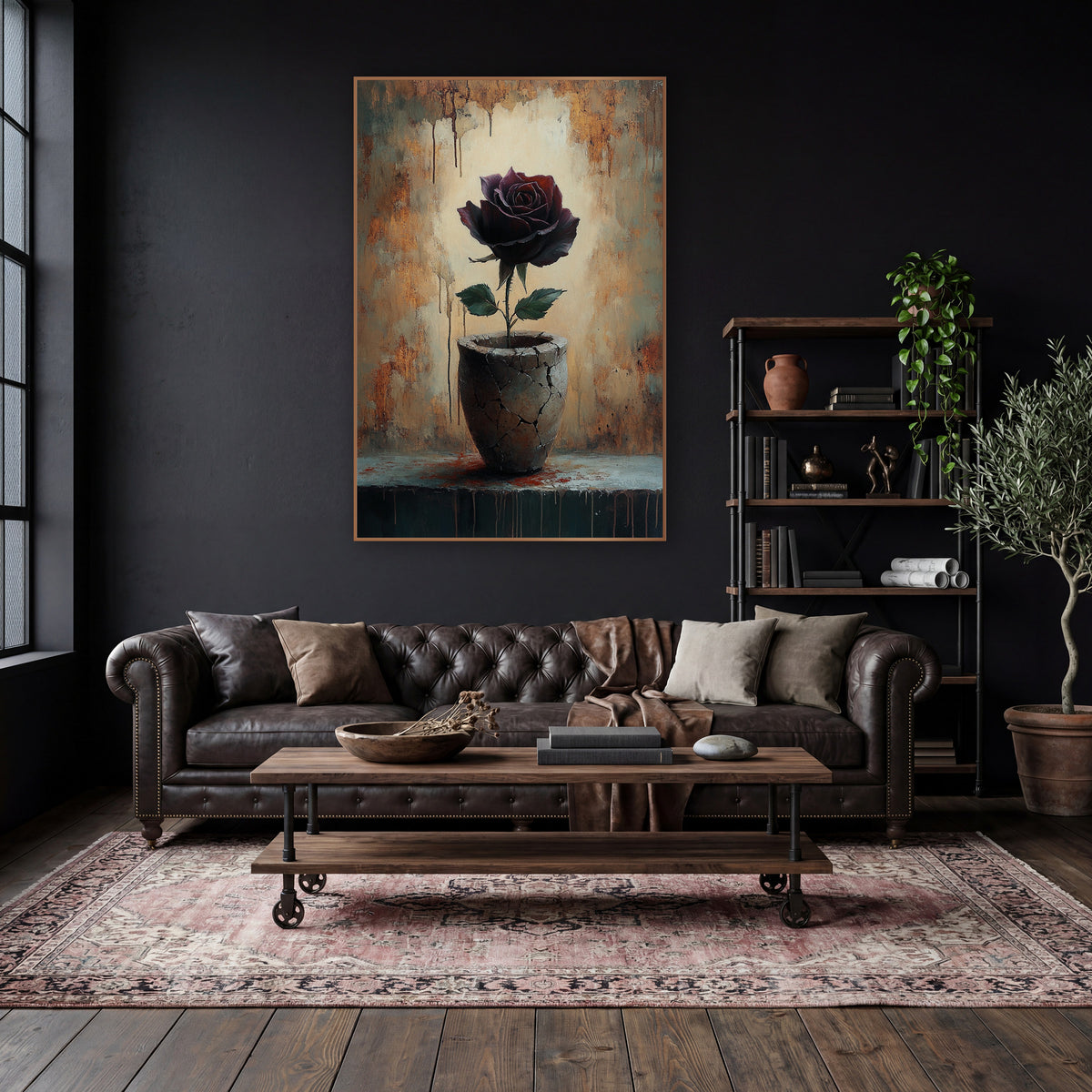 Dark Rose Cracked Vase Moody wall art in a moody dark academia room – dark burgundy rose with green leaves