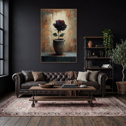 Dark Rose Cracked Vase Moody wall art in a moody dark academia room – dark burgundy rose with green leaves