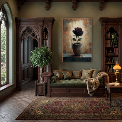 Dark Rose Cracked Vase Moody wall art in a moody dark academia room – dark burgundy rose with green leaves