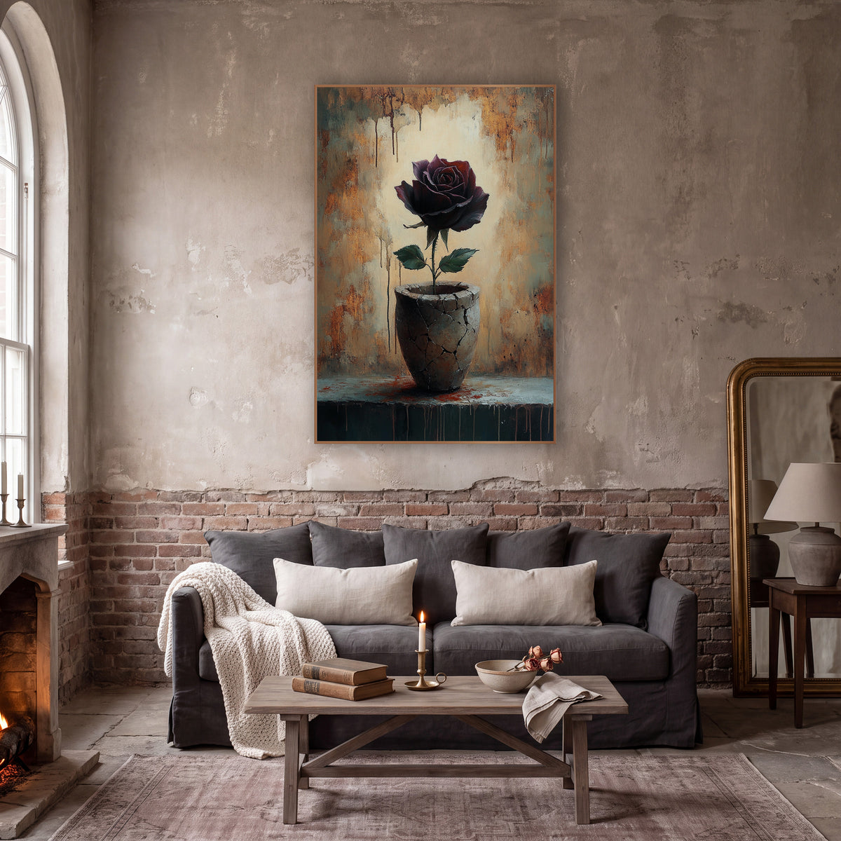 Dark Rose Cracked Vase Moody wall art in a moody dark academia room – dark burgundy rose with green leaves