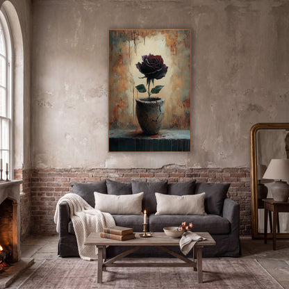Dark Rose Cracked Vase Moody wall art in a moody dark academia room – dark burgundy rose with green leaves