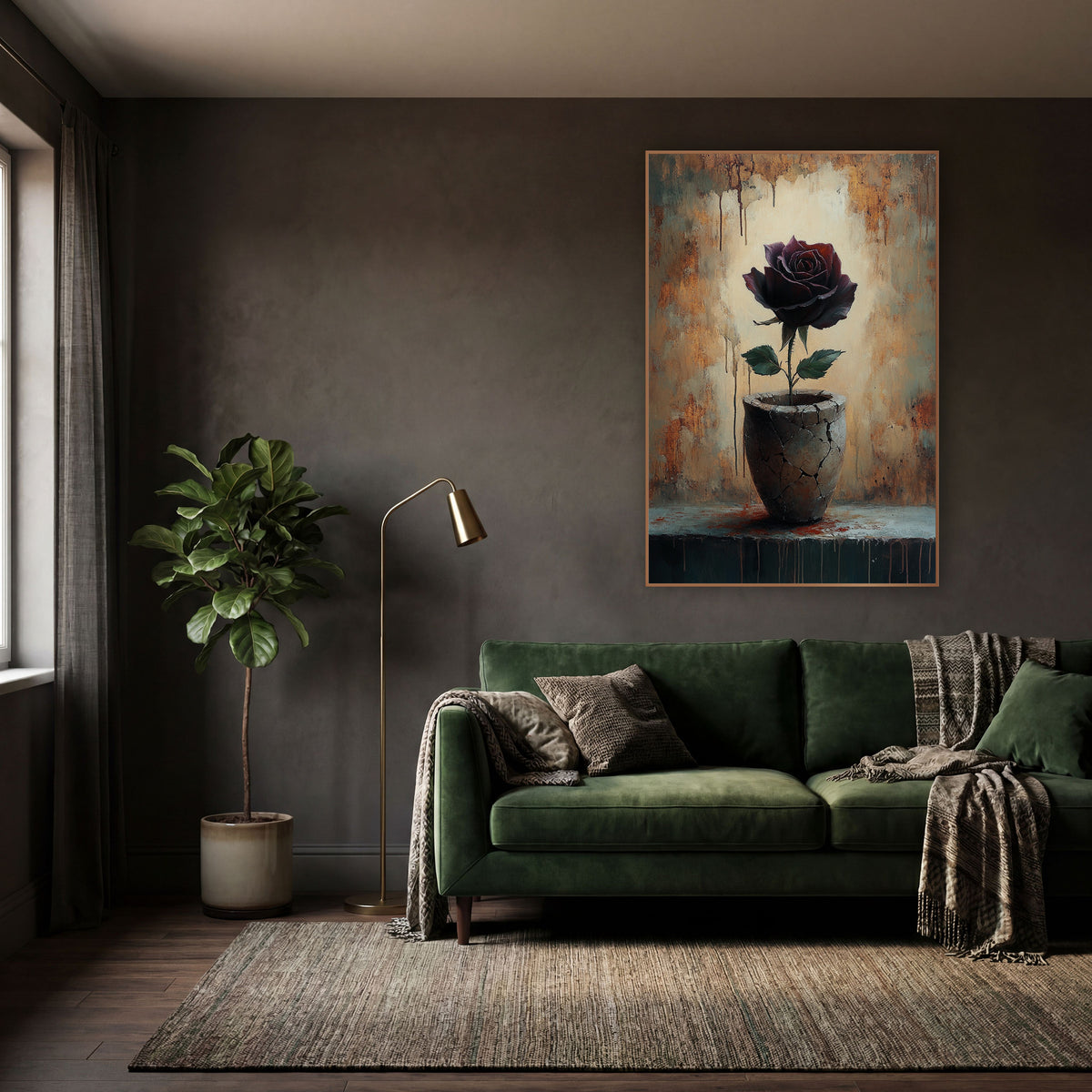 Dark Rose Cracked Vase Moody wall art in a moody dark academia room – dark burgundy rose with green leaves