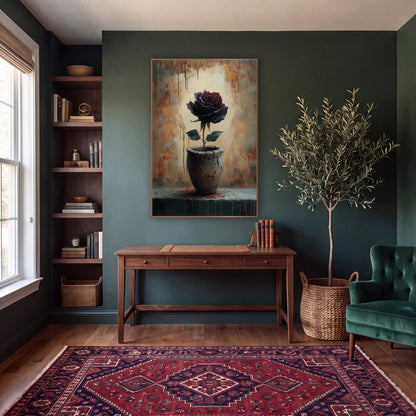 Dark Rose Cracked Vase Moody wall art in a moody dark academia room – dark burgundy rose with green leaves
