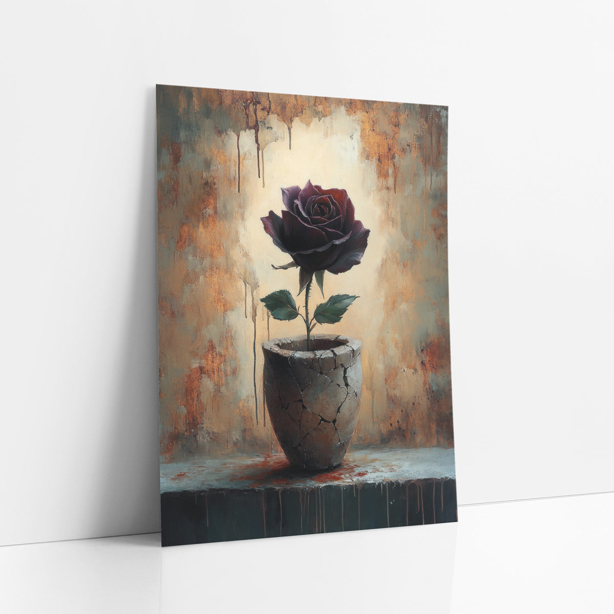 Dark Rose Cracked Vase Moody art print leaning against a white wall – dark burgundy rose with green leaves in a cracked clay
