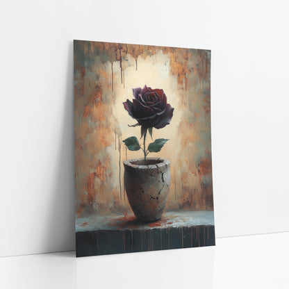 Dark Rose Cracked Vase Moody art print leaning against a white wall – dark burgundy rose with green leaves in a cracked clay