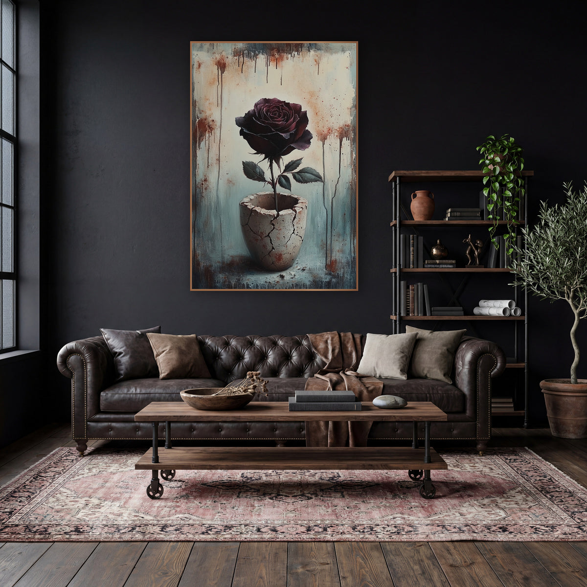 Dark Burgundy Rose Cracked Vessel Moody wall art in a moody dark academia room – dark burgundy rose on a long stem
