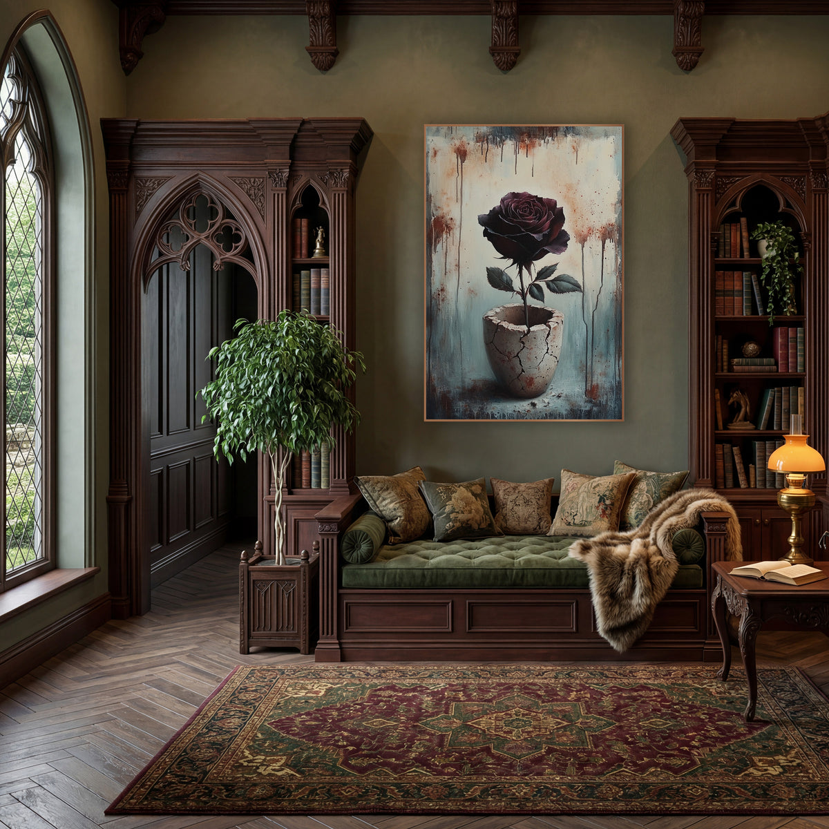 Dark Burgundy Rose Cracked Vessel Moody wall art in a moody dark academia room – dark burgundy rose on a long stem