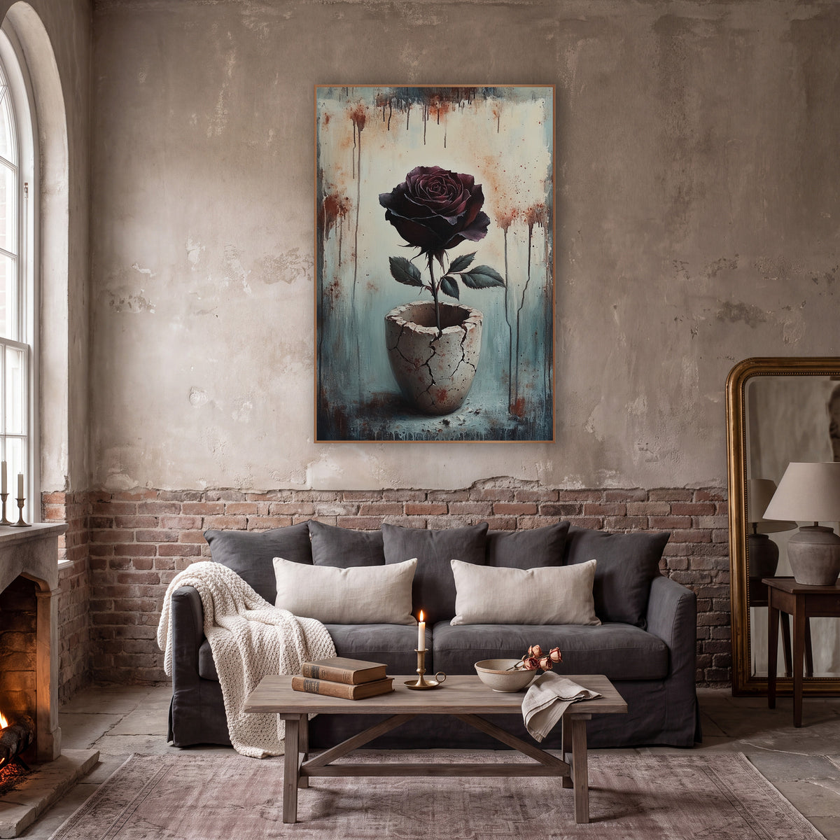Dark Burgundy Rose Cracked Vessel Moody wall art in a moody dark academia room – dark burgundy rose on a long stem