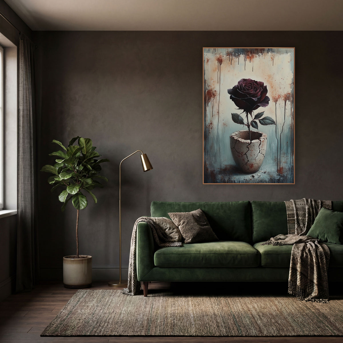 Dark Burgundy Rose Cracked Vessel Moody wall art in a moody dark academia room – dark burgundy rose on a long stem