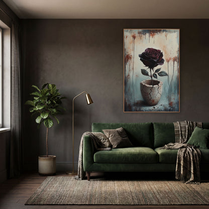 Dark Burgundy Rose Cracked Vessel Moody wall art in a moody dark academia room – dark burgundy rose on a long stem