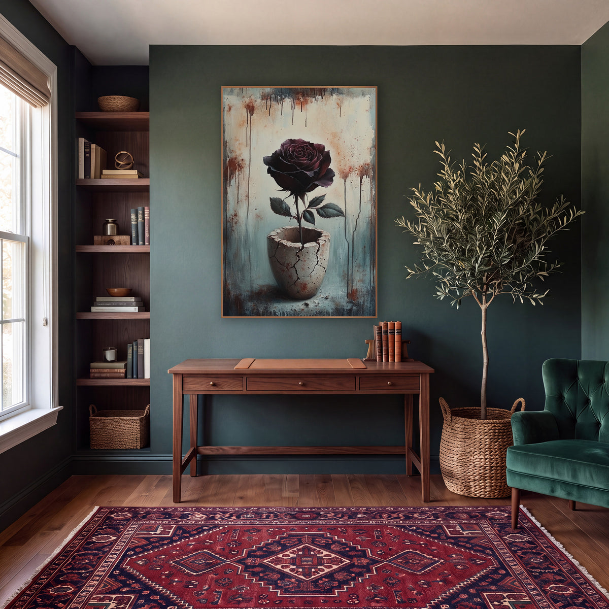 Dark Burgundy Rose Cracked Vessel Moody wall art in a moody dark academia room – dark burgundy rose on a long stem