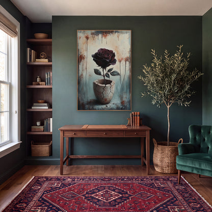 Dark Burgundy Rose Cracked Vessel Moody wall art in a moody dark academia room – dark burgundy rose on a long stem